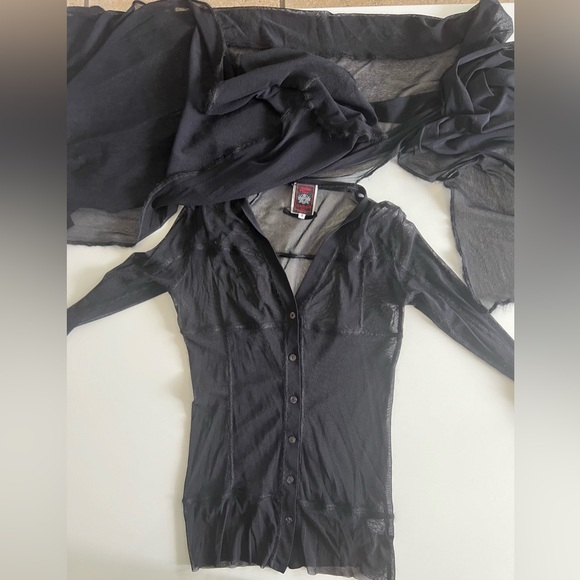 Jean Paul Gaultier mesh button front top wool trimming attached scarf 1990s SM - Picture 9 of 16